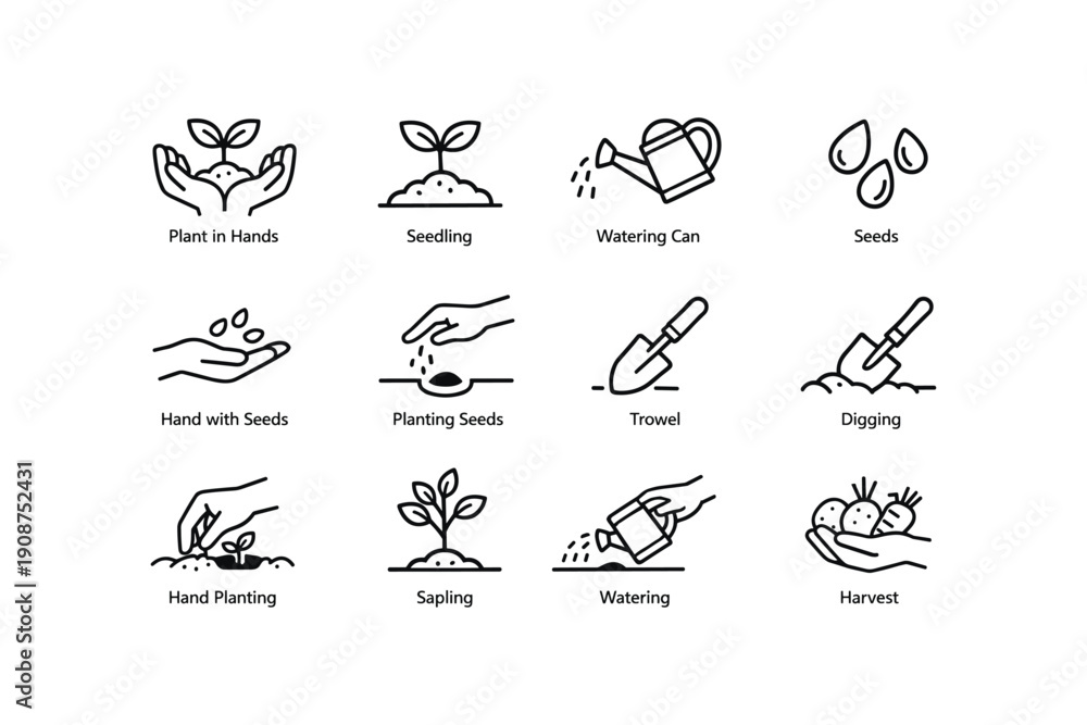 Fototapeta premium Gardening icon set: tools, planting, watering, harvesting