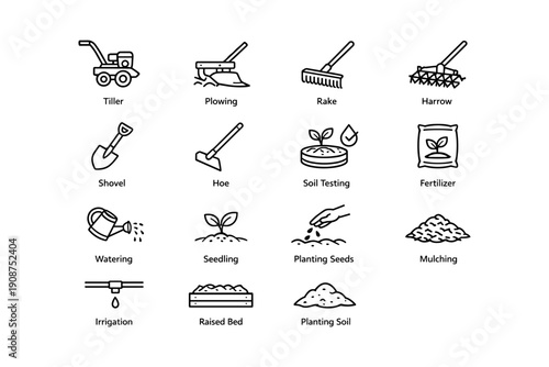 Gardening tools and techniques icons including tiller, rake, and fertilizer