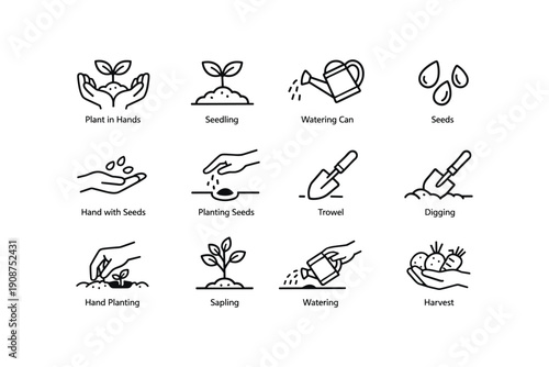 Gardening icon set: tools, planting, watering, harvesting