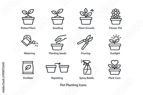 Pot planting icons: growth, care, and gardening tools guide