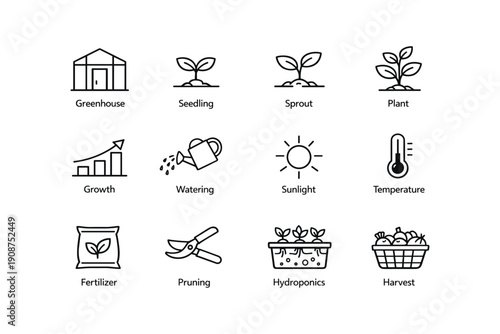 Icons illustrating greenhouse plant growth and gardening processes
