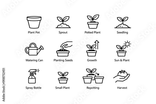 Garden icon set: plant pot, sprout, watering can, harvest symbols