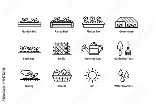 Gardening icons: seedlings, raised beds, greenhouse, tools, harvest
