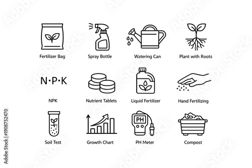 Gardening icons: fertilizer bag, watering can, plant roots, npk, compost, ph meter