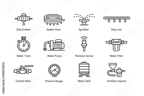 Irrigation system icons set: drip emitter, soaker hose, sprinkler, water pump, fertilizer injector
