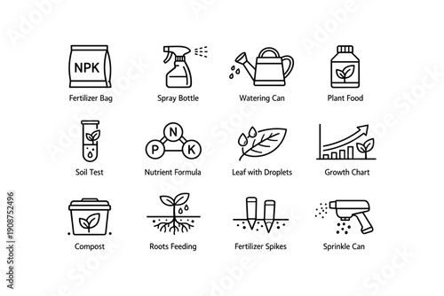 Gardening icons set: tools for plant care and growth