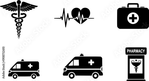 Comprehensive medical and healthcare icon set featuring Caduceus heartbeat first aid kit ambulance and pharmacy symbols isolated on white background for clinical design