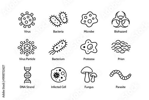 Virus bacteria microbe biohazard dna fungi parasite icons