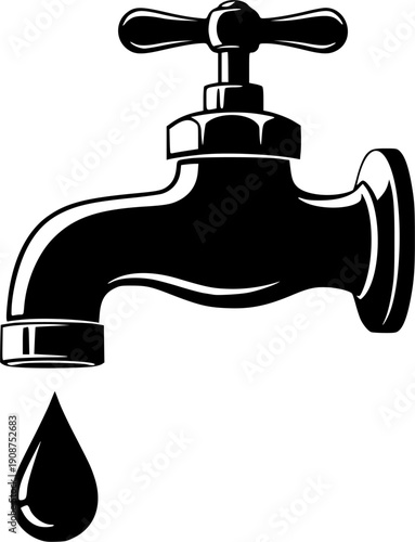 Water tap with dripping drop vector illustration for plumbing service home maintenance and environmental water conservation concept isolated icon
