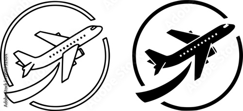 Airplane flight icon set with outline and solid circle versions isolated on white background for travel tourism aviation industry and transportation app design