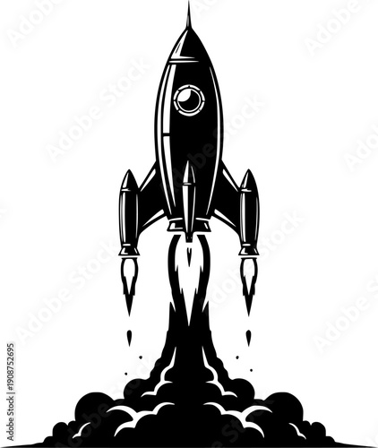Retro space rocket ship vector illustration launching with fire isolated on white background for startup growth mission and exploration concept
