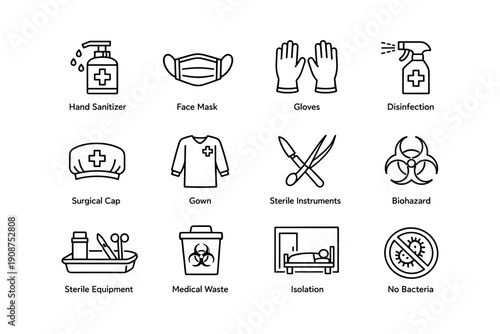 Medical safety icons: hand sanitizer, face mask, gloves, disinfection, biohazard