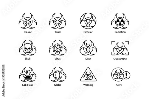 Set of biohazard and warning icons including radiation and virus symbols