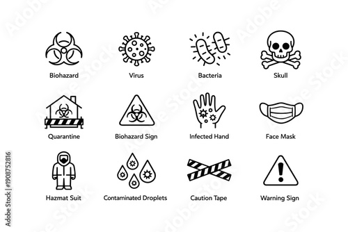 Biohazard and safety icons: virus, bacteria, skull, face mask, warning symbols