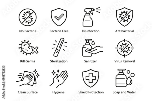 Set of hygiene and disinfection icons for germ and virus prevention