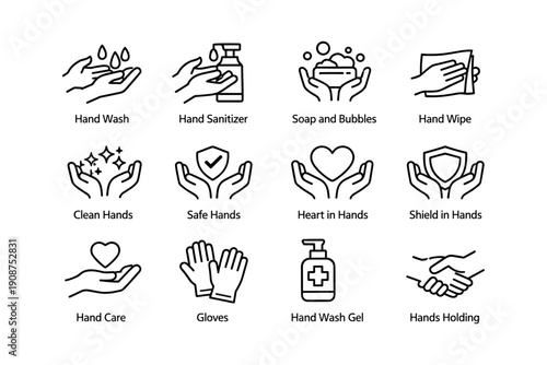 Hand hygiene icons set: washing, sanitizing, care, protection symbols