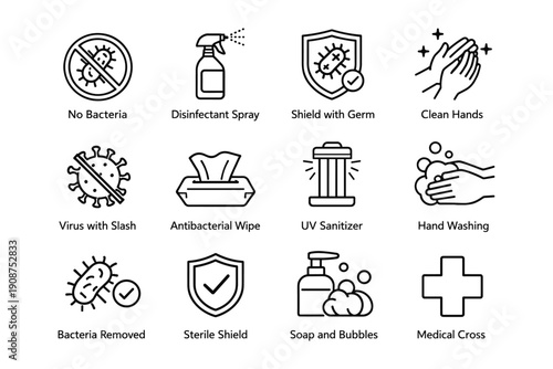 Hygiene and protection icons: no bacteria, disinfectant spray, germ shield, clean hands