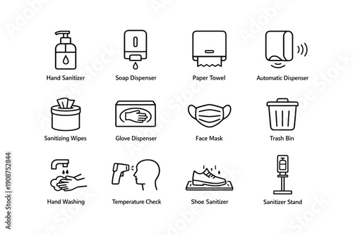 Hygiene and safety equipment icons including sanitizers, dispensers, face mask, and temperature check