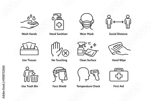 Health safety icons: hygiene and precautionary measures for public health