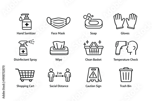 Essential safety icons for health and hygiene in public spaces