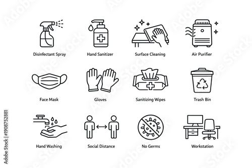 Health safety icons: sanitizing, protection, social distance symbols