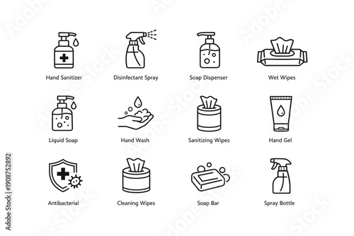 Hygiene products icons: hand sanitizer, soap dispenser, wet wipes, and more