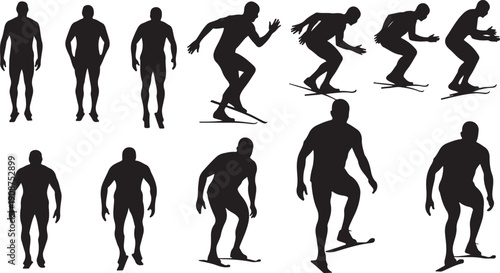 Silhouettes of men engaging in various skateboarding poses and actions