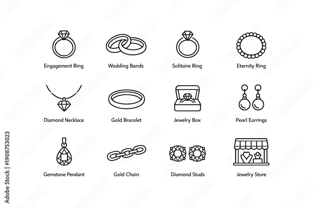 Fototapeta premium Elegant jewelry line art collection featuring rings, bracelets, and earrings