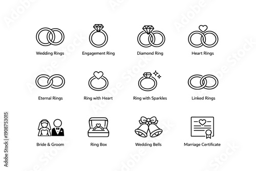 Wedding and engagement ring icons with bride, groom, and marriage symbols
