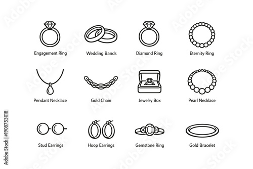 Jewelry collection: rings, necklaces, earrings, bracelets, jewelry box display