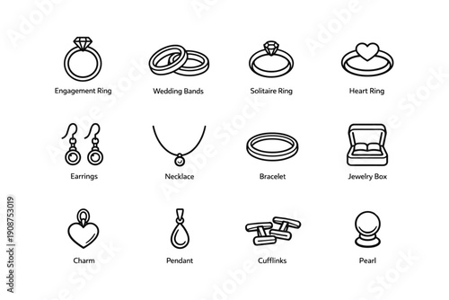 Elegant jewelry collection: rings, earrings, necklace, bracelet, jewelry box