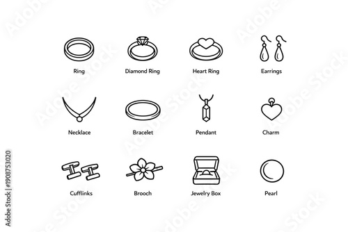 Jewelry icons set: rings, earrings, necklace, bracelet, pendant, charm, cufflinks, brooch, jewelry box, pearl