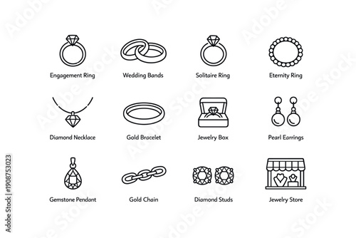 Elegant jewelry line art collection featuring rings, bracelets, and earrings