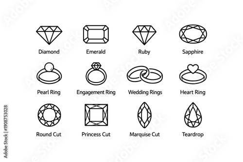 Jewelry icons: diamond, emerald, ruby, sapphire, rings, and gemstone cuts
