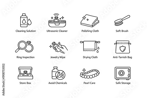 Jewelry care icons: cleaning, storage, inspection, and maintenance symbols