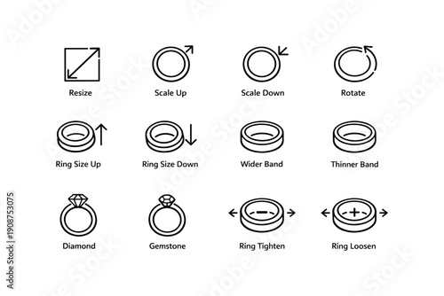 Jewelry modification icon set: resize, rotate, scale, diamond, gemstone