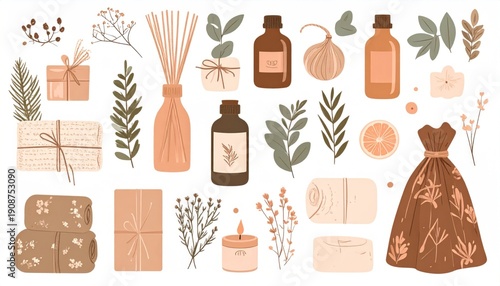 Collection of neutral-toned illustrated self-care items, featuring gifts, candles, oils, and botanicals