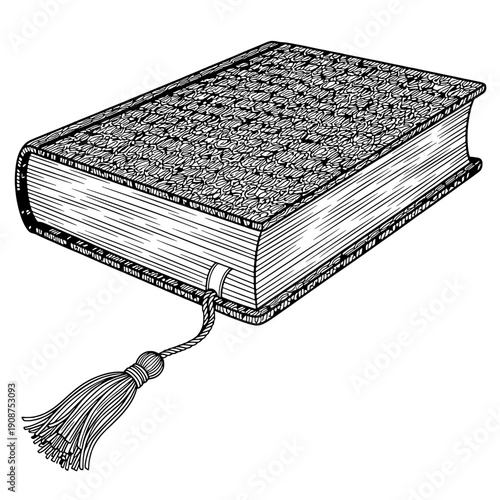 A thick book with tassel lies on a flat surface in a monochrome illustration