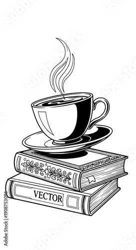 A steaming cup of coffee on books, a serene scene of relaxation and reading vector