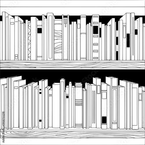Minimalist black and white vector of bookshelves with books representing learning and idea generation