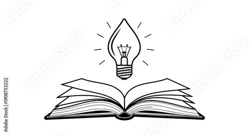 An open book with a lightbulb above it represents idea and learning in a minimalist vector style