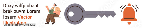 Information access, security, alert notifications, reading, business planning, digital content. Businessman reading, key symbol and notification bell. Security and alert notifications concepts