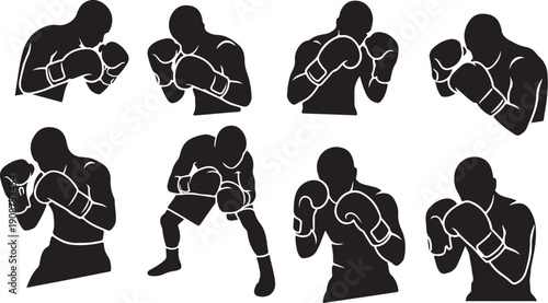 Boxer Silhouettes in Various Fighting Poses and Actions Combined