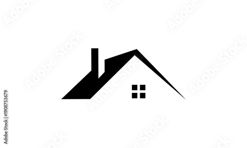 Minimalist Black Silhouette of a House Roof with Chimney and Windows.