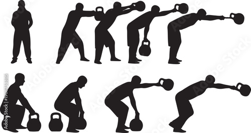 Man exercising with kettlebell in various poses and movements