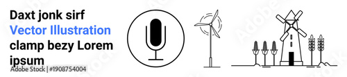 Audio technology, renewable energy, sustainability symbol, communication tools, eco-friendly power, podcast . Microphone icon, wind turbine windmill. Audio technology and renewable energy concept