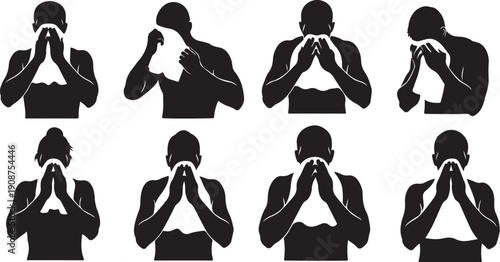Silhouettes of people crying with hands on faces expressions