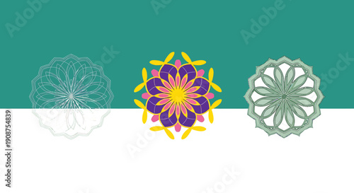 Three colorful floral mandala designs on green and white background