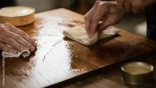 Medium shot of hands applying a clear wax finish on wooden furniture enhancing water resistance with smooth even strokes during a weatherproof coating process.