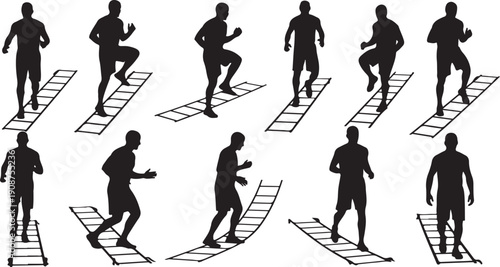 Silhouette of a man running on agility ladder drills
